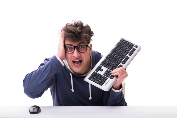 Funny nerd man working on computer isolated on white — Stock Photo, Image