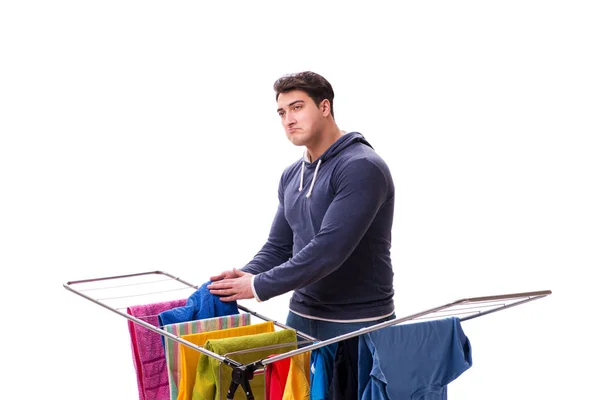 Marido homem fazendo lavanderia isolada no branco — Fotografia de Stock