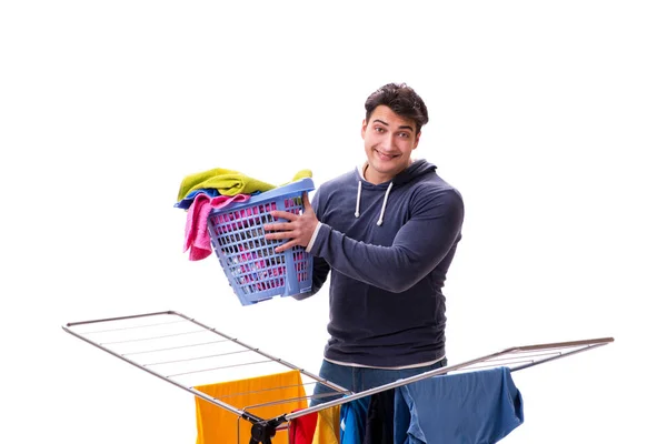 Husband man doing laundry isolated on white — Stock Photo, Image