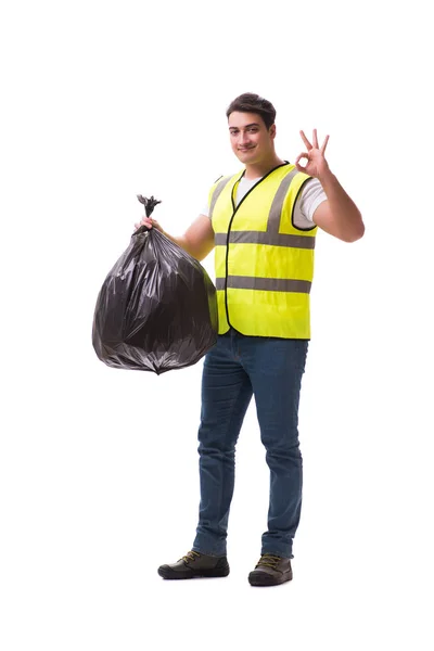 Pria dengan karung sampah terisolasi di atas putih — Stok Foto