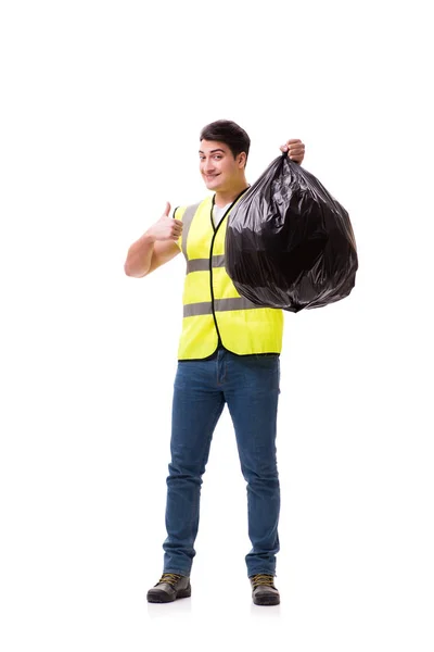 Homem com saco de lixo isolado em branco — Fotografia de Stock