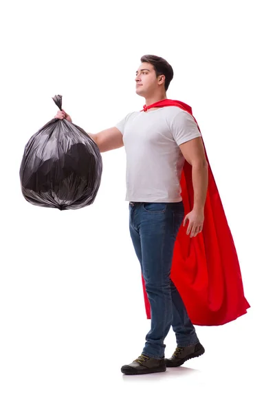 Superhéroe hombre con saco de basura aislado en blanco —  Fotos de Stock