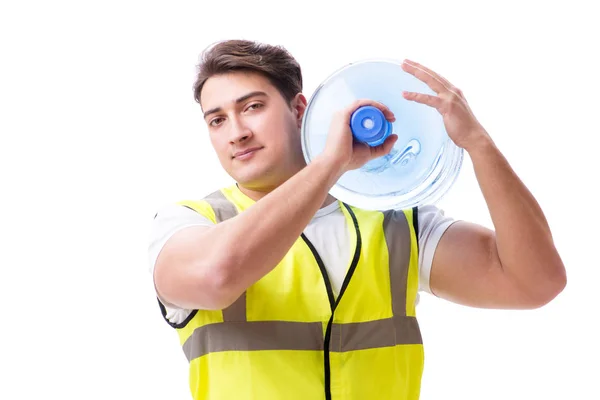 El hombre entrega botella de agua aislada en blanco — Foto de Stock