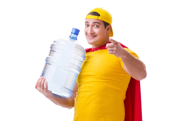 Muž dodávající láhev vody izolované na bílém — Stock fotografie