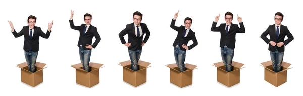 Uomo divertente con scatole isolate su bianco — Foto Stock