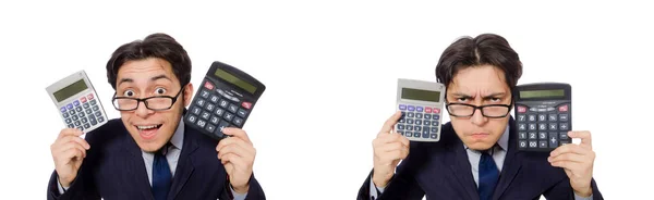 Grappige mens met calculator geïsoleerd op wit — Stockfoto