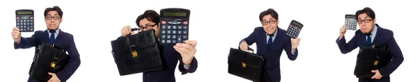 Hombre divertido con calculadora aislado en blanco —  Fotos de Stock