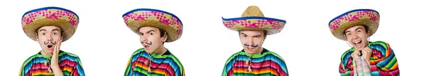 Engraçado jovem mexicano com bigode falso isolado em branco — Fotografia de Stock