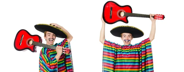 Engraçado jovem mexicano com guitarra isolada em branco — Fotografia de Stock