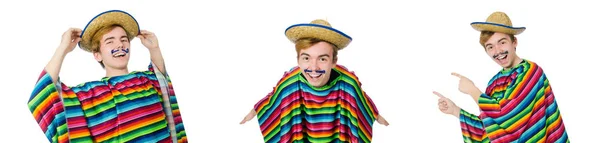 Divertido joven mexicano con bigote falso aislado en blanco —  Fotos de Stock