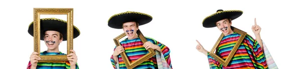 Funny young mexican with photo frame isolated on white — Stock Photo, Image