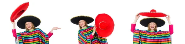 Menina bonita no poncho mexicano isolado no branco — Fotografia de Stock