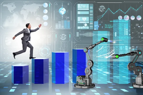 Üzletember sétál felfelé a grafikonon támogatja a robotkar — Stock Fotó
