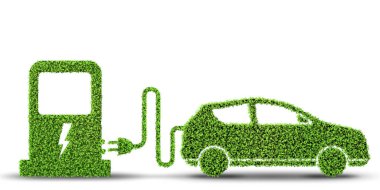 Yeşil çevre konseptinde elektrikli araba konsepti - 3D görüntüleme