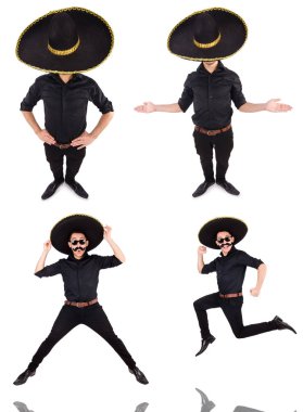 Meksika şapkası takan komik bir adam beyaz şapkalı.