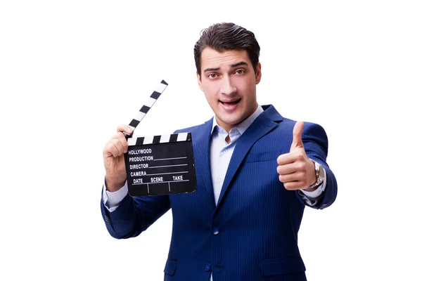 Handsome man with movie clapper isolated on white — Stock Photo, Image