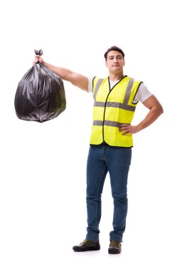 Çöp torbası olan adam beyazda izole edilmiş.