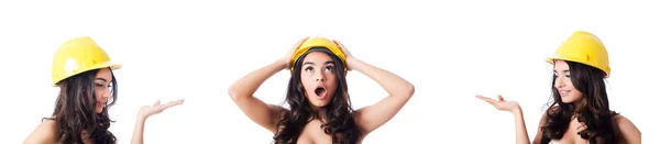 Young woman with yellow hard hat on white — Stock Photo, Image