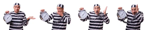 Mężczyzna więzień z zegarem na białym tle — Zdjęcie stockowe