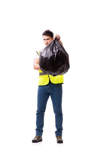 Homem com saco de lixo isolado em branco — Fotografia de Stock