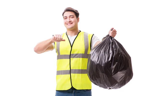 Uomo con sacco della spazzatura isolato su bianco — Foto Stock