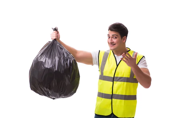 Homem com saco de lixo isolado em branco — Fotografia de Stock