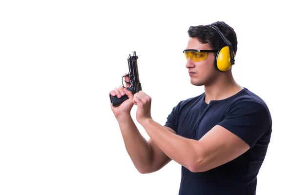 Hombre haciendo tiro deportivo de arma aislada en blanco —  Fotos de Stock