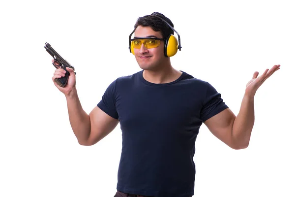 Man doing sport shooting from gun isolated on white — Stock Photo, Image