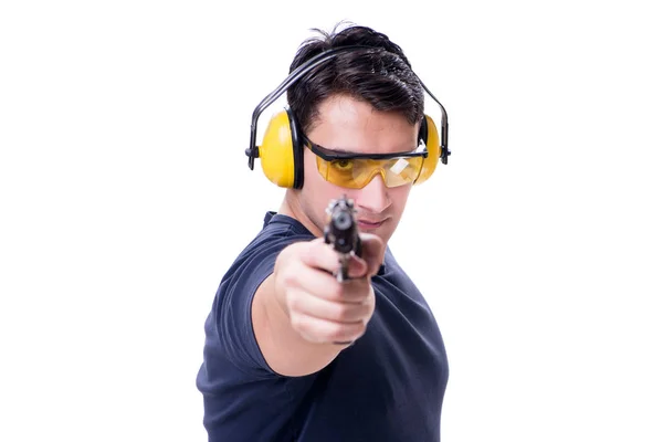 Uomo fare sport tiro da pistola isolato su bianco — Foto Stock