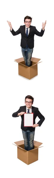 Hombre divertido con cajas aisladas en blanco — Foto de Stock