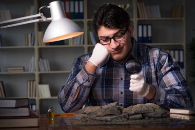 Arkeolog geç saatlere kadar ofiste çalışıyor.