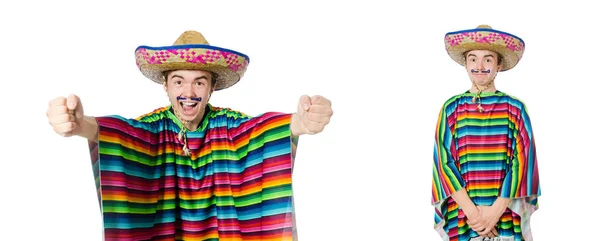 Divertente giovane messicano con falsi baffi isolati su bianco — Foto Stock