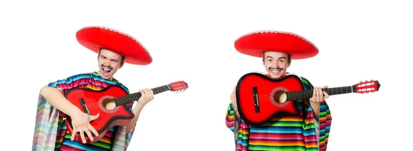 Komik genç Meksikalı gitar ile üzerine beyaz izole. — Stok fotoğraf