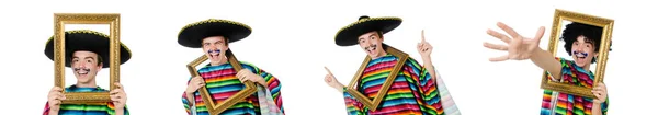 Komik genç Meksikalı fotoğraf çerçevesi ile üzerine beyaz izole. — Stok fotoğraf