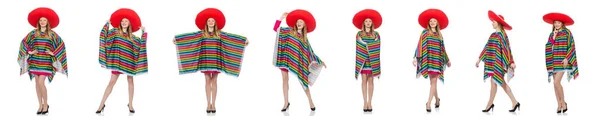 Menina bonita no poncho mexicano isolado no branco — Fotografia de Stock