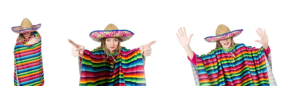 멕시코 판 쵸 흰색 절연에 예쁜 여자 — 스톡 사진