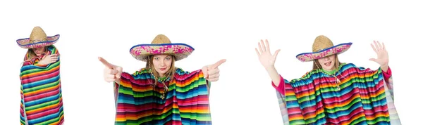 Menina bonita no poncho mexicano isolado no branco — Fotografia de Stock