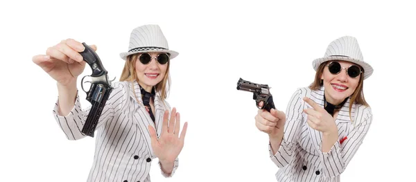 Hermosa chica sosteniendo pistola de mano aislada en blanco — Foto de Stock
