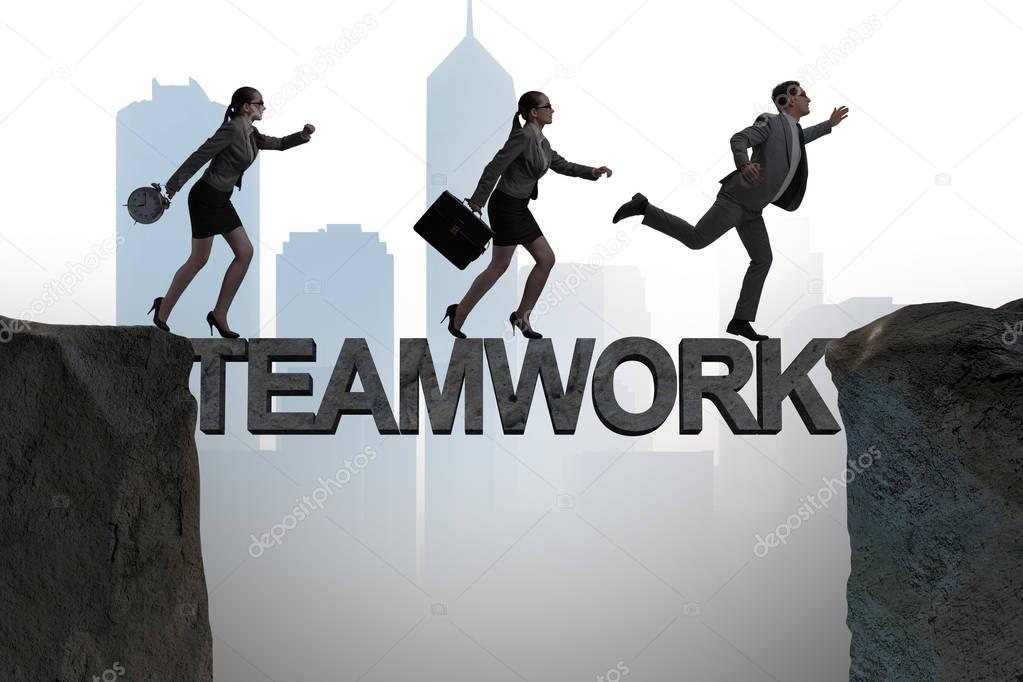 Teamwork concept with business people crossing bridge