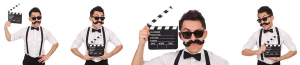 Whiskered hombre con clapperboard celebración aislado en blanco — Foto de Stock