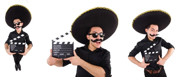 Funny man wearing mexican sombrero hat isolated on white — Stock Photo, Image
