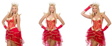 Kırmızı elbiseli kadın beyaz giyindi.