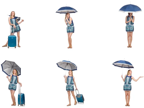 Collage einer Frau mit Regenschirm und Koffer — Stockfoto