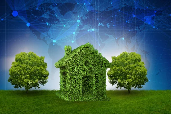 Casa verde e árvore em conceito de vida ecológica - renderização 3d — Fotografia de Stock