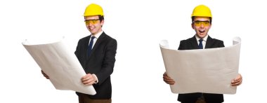 Beyaz üzerine çizimler yapan komik bir mimar.