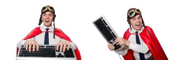 Rolig hjälte med tangentbord isolerad på den vita — Stockfoto