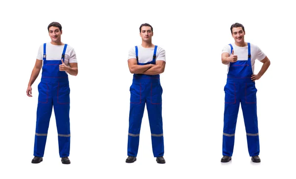 Knappe reparateur dragen blauwe overall op wit — Stockfoto
