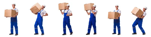 Man delivering box isolated on white — Stock Photo, Image