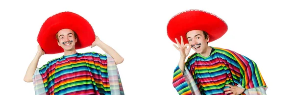 Jeune mexicain drôle avec fausse moustache isolé sur blanc — Photo