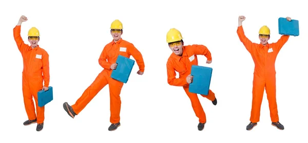 Man in orange coveralls isolated on white — Stock Photo, Image